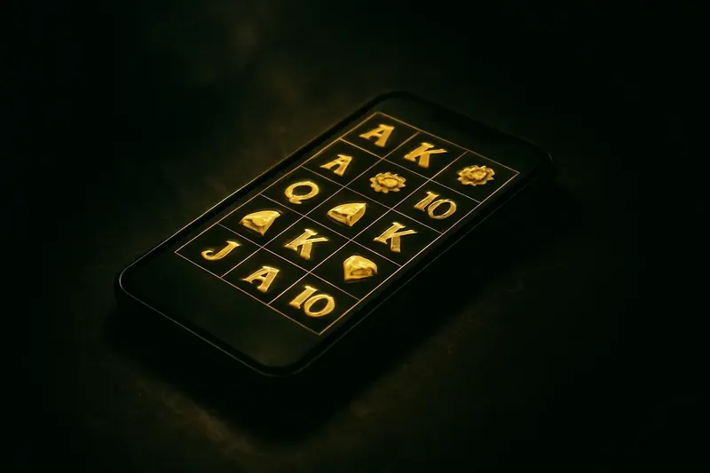 Premium Casino App Smartphone with glowing casino game grid on dark textured surface