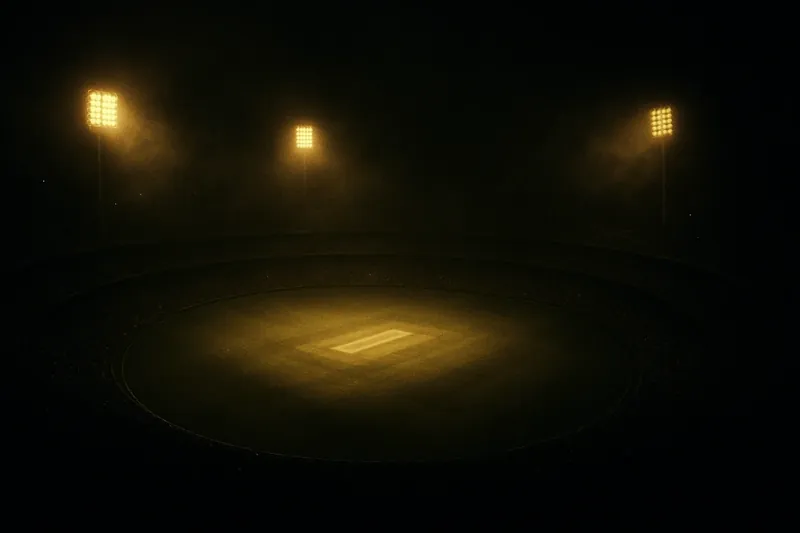 Aerial view of illuminated cricket stadium with floodlights and packed stands