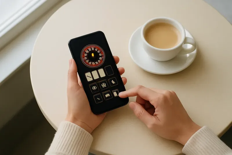 Person at cafe table using smartphone with dark casino app