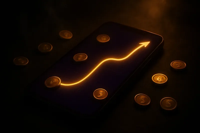 Mobile crash game interface with glowing curve graph and scattered coins